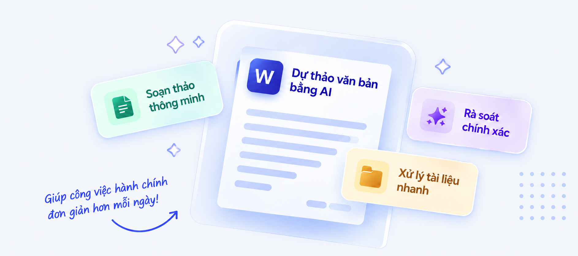 Minh họa Trợ lý Văn phòng AI với màn hình soạn thảo và các công cụ xử lý văn bản